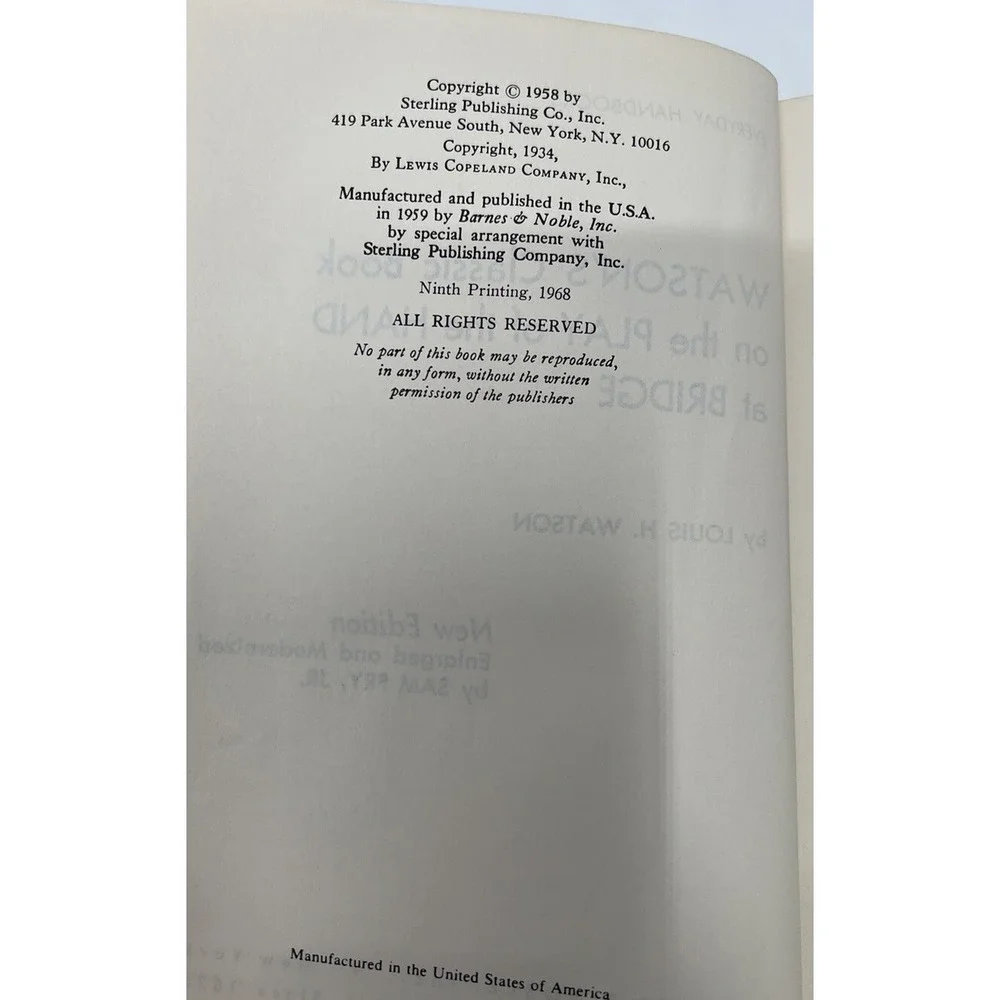 Vintage Watson's Classic Book on the Play of the Hand at Bridge Louis H. Watson